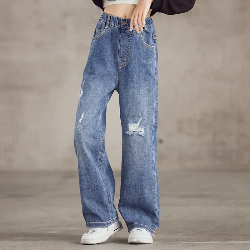 Girls Jeans 2023 Autumn Girl Ripped Wide Leg Pants Loose Elastic High Waist Straight-Leg Pants Crawler Girls Jeans 7-12y 12+y