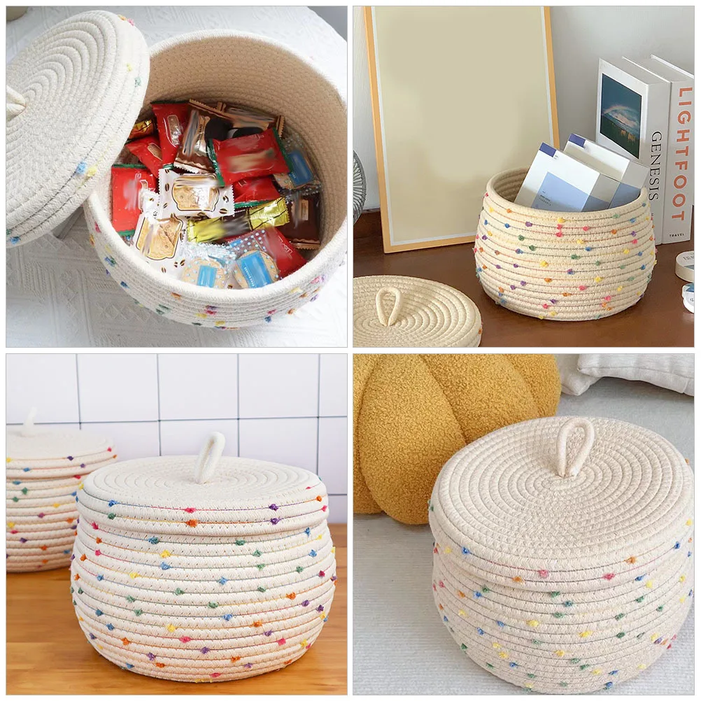 

Cotton Rope Woven Storage Basket Desktop Organizer Lid Exquisite Handicraft Sundries Cosmetics Snacks Holder Woven Basket