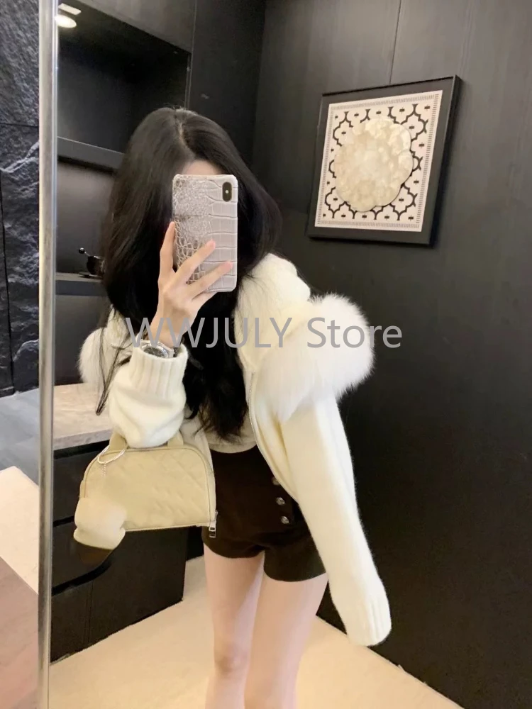 Autumn Winter Fur Hooded Knitted Sweater Woman Zipper Casual Long Sleeve Cardigan Outwear Fashion Warm Pullover New Chic