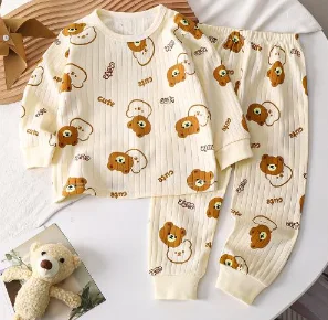 Kids Boys Girls Pure Cotton Warm Pajamas Cute Cartoon Long Sleeve T-Shirt + Pants Toddler Baby Autumn Underwear Clothing Sets