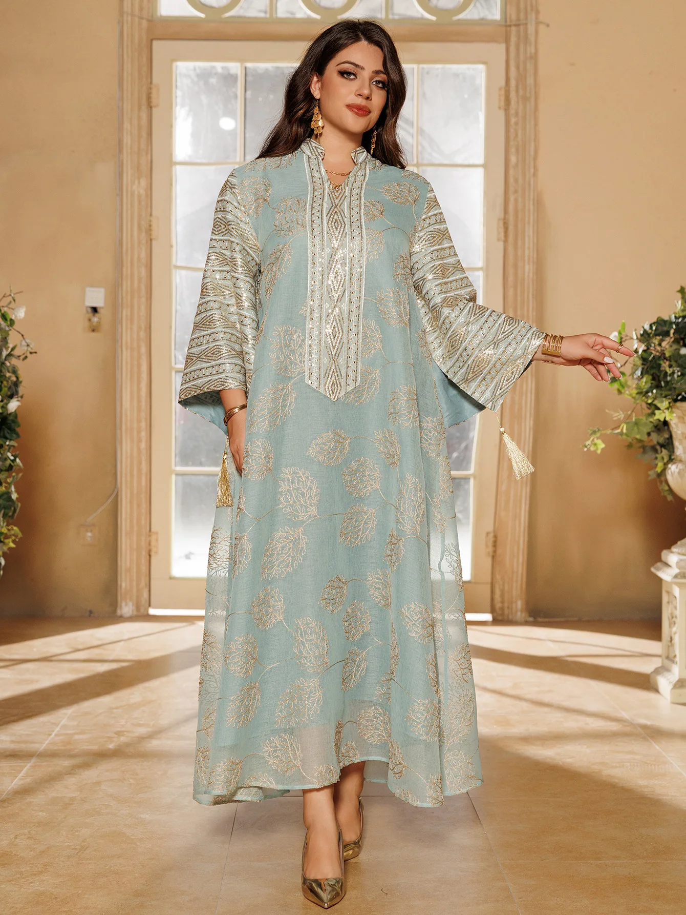 Luxury Party Jalabiya for Women, Sequins, Full Embroidery, Fringe Pendant at Sleeves, Middle East Islamic Arabic Dress, Ramadan