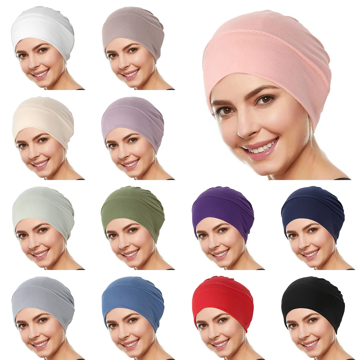 Ramadan Solid Color Women Muslim Hijab Caps Wrap Head Soft Elastic Turban Bonnet Chemo Cap Headdress Wearable