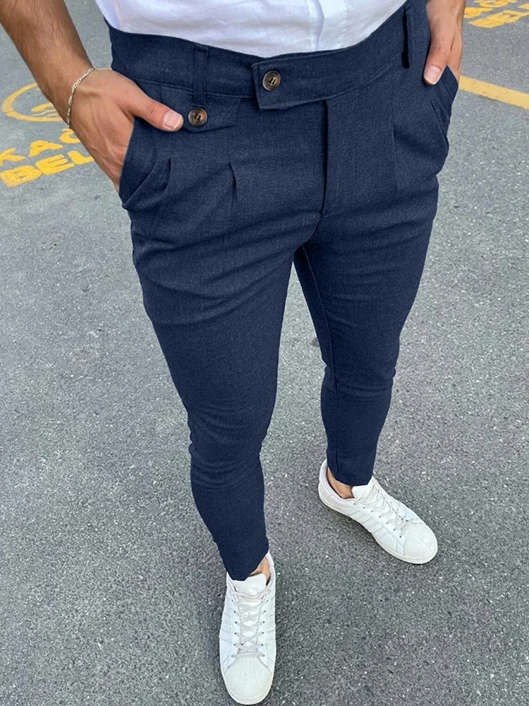 2024 Spring Summer New Casual Suit Trousers Men Vintage Solid Color Slim Pencil Pants Fashion Button Waist Design Mens Trousers