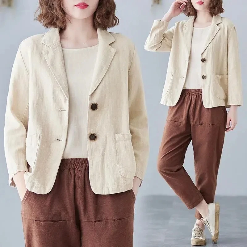 2023 Women Cotton Linen Blazers Oversized Loose Notched Button Up Thin Blazer Coat Solid Color Long Sleeve Casual Office Jackets