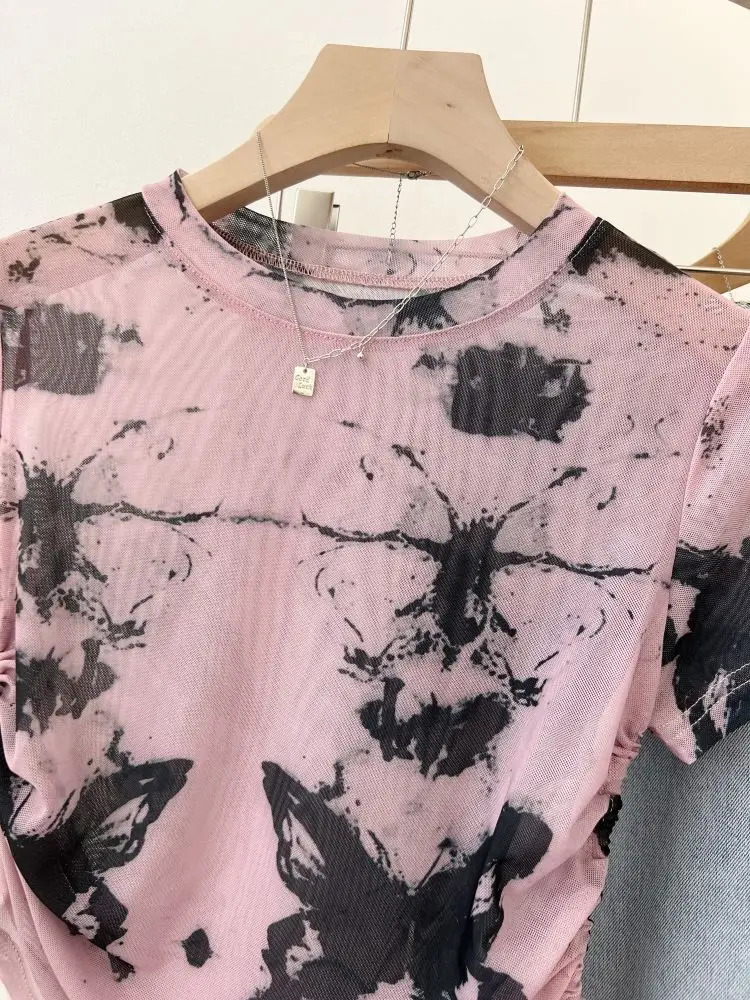 Korean tie-dyed short-sleeved women's summer new short T-shirt sunscreen thin irregular drawstring perspective mesh top