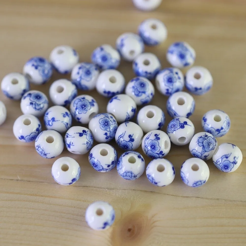 30pcs/set Funny Creative DIY Ceramic Beads Round Ancient Style Loose Beads Flowers Printed Loose Form Chinese Style Beads Crafts