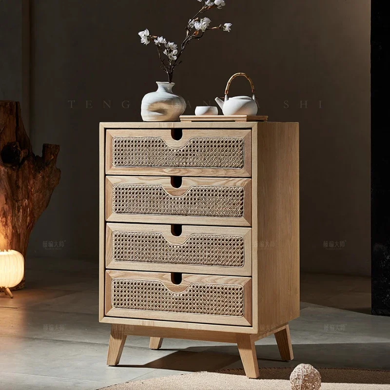 

Nordic Solid Wood Rattan Chest of Drawers Simple Modern Living Room Drawer Locker Storage Cabinet Entrance Cabinet