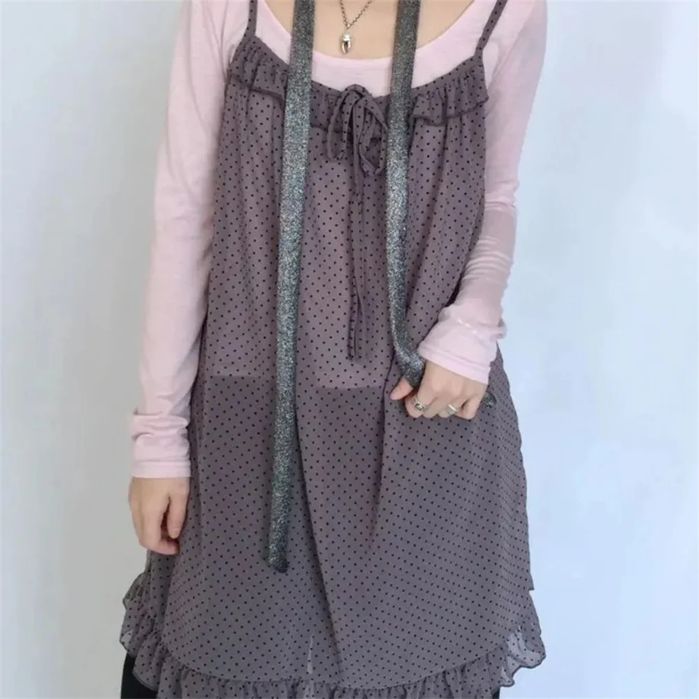 Women Polka Dot Chiffon Nightdress Ruffled Spaghetti Strap Sleep Dress Loose Casual Sweet Loungewear Summer Sleepwear for Ladies