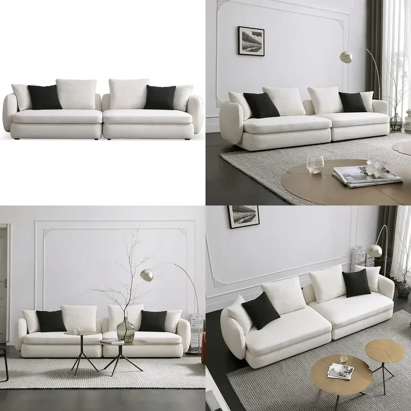Nordic Cream Fabric Sofa 3 Seater Straight Cotton Linen Wool Blend Modern Minimalist Couch for Small Apartment Living Room