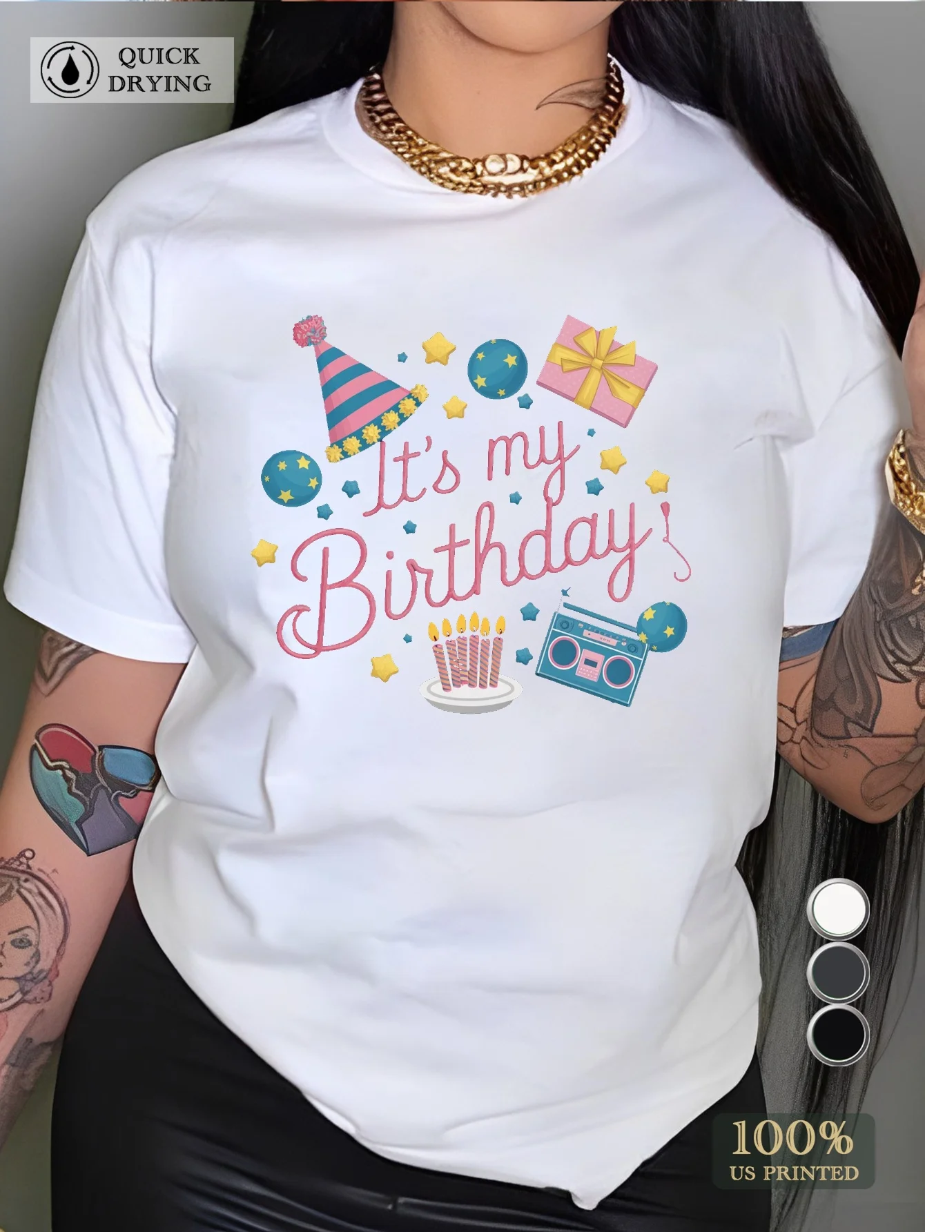 Camiseta feminina confortável com estampa vibrante, é meu aniversário – poliéster, gola redonda, manga curta com gráficos coloridos de festa – casual