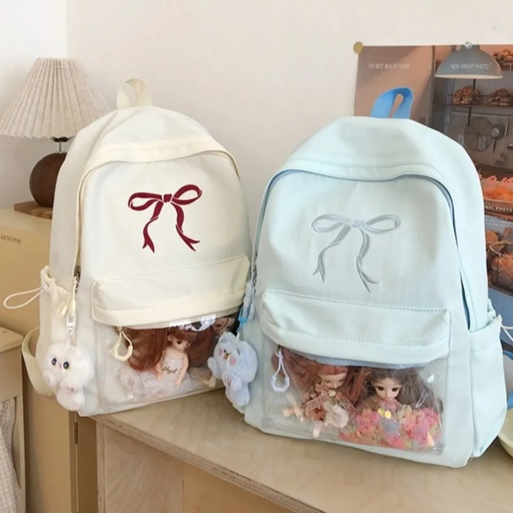 Portátil bordado arco meninas mochila cor sólida náilon estudantes mochila grande capacidade leve saco de viagem para portátil