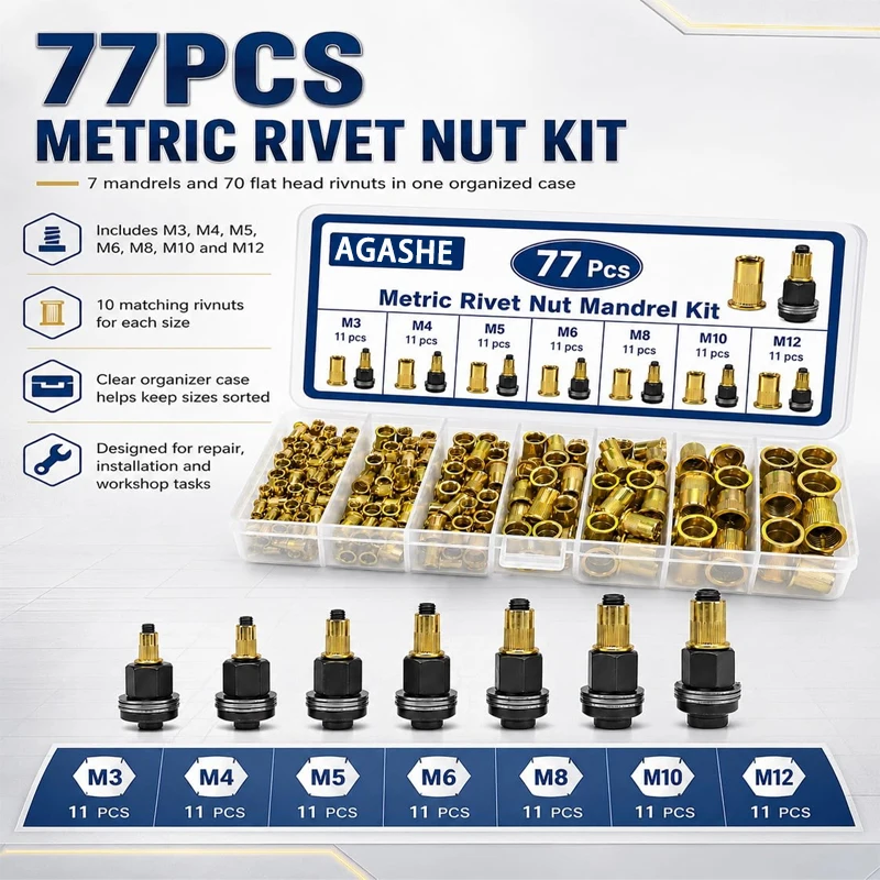 55/66/77PCS Carbon Steel Rivet Nut Tool Set-M3-M12/M3-M10/M4-M10 Mandrels & Flat Head Rivnuts, Hand Riveter Kit for Nuts and Bol