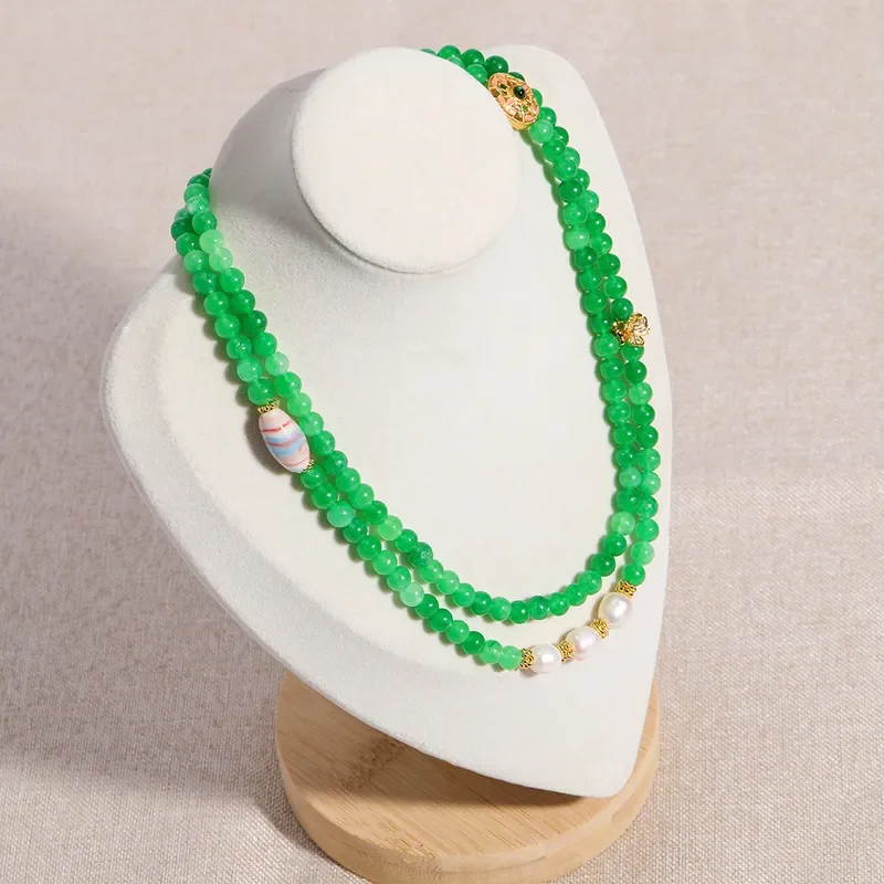 New Chinese retro green agate natural pearl necklace commuter double layer stackable collarbone chain mother of pearl