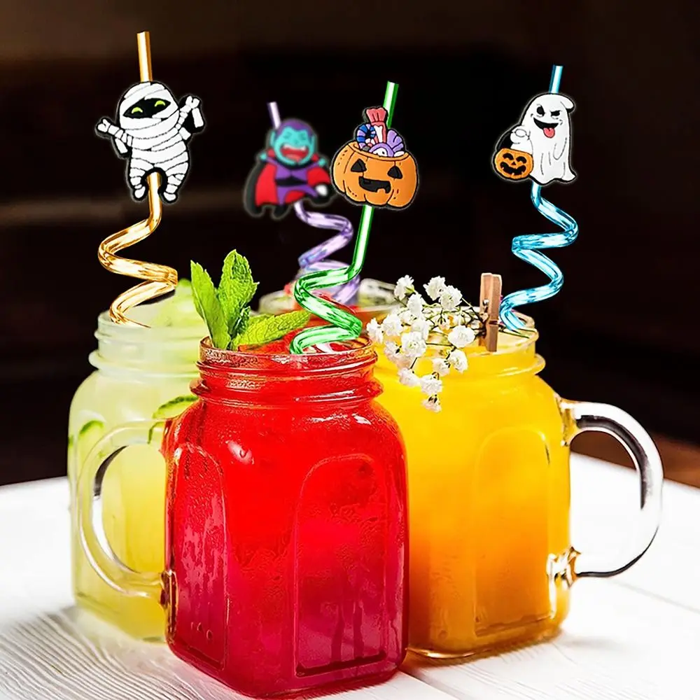 2pcs/bag Reusable Halloween Party Cup Straws Multi-styles Spiral Juice Straw Plastic Drinking Straws for Party Decor