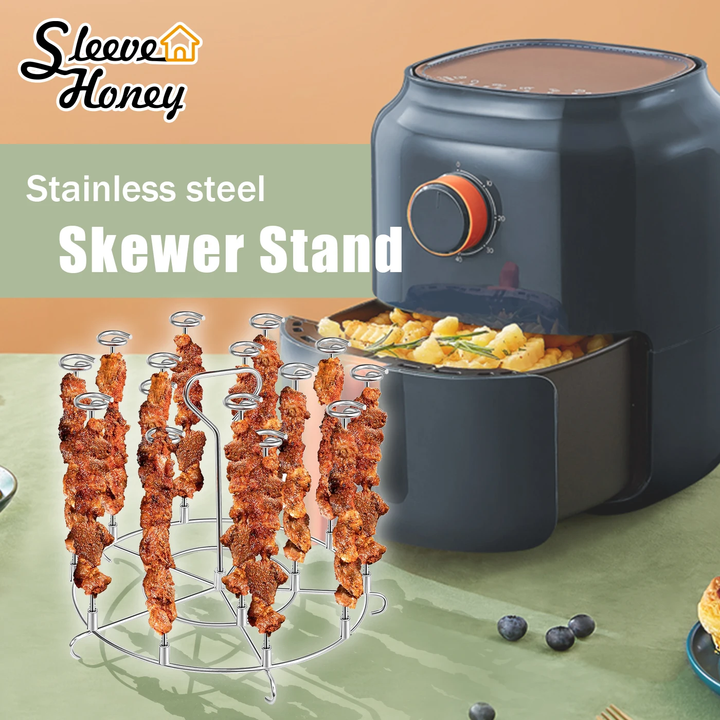 

Air Fryer Skewer Stand Stainless Steel Grill Accessories Non-Stick Suitable Air Fryer Oven Grills Dehydration Racks Kitchen Tool