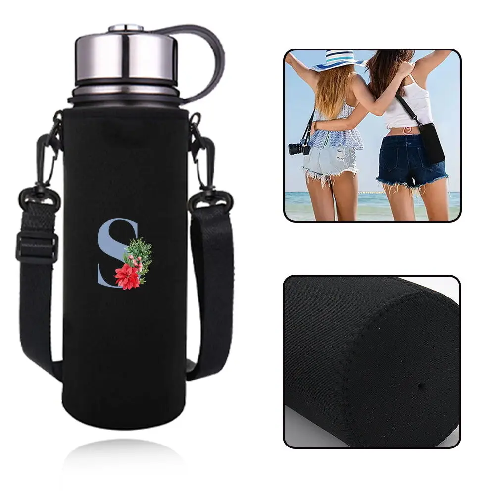 Water Bottle Sleeve with Adjustable Strap,  Blue Letter Pattern Portable Insulated Water Cup Sleeve for Stainless Steel Bottles