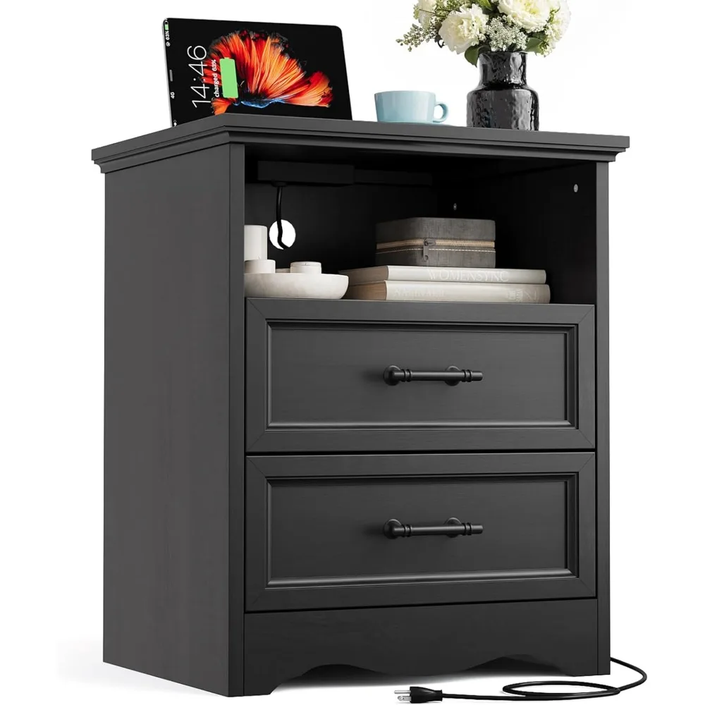 Black Nightstand with Charging Station, Farmhouse End Table with 2 Drawers, Bedside Table with Space-Saving Storage Cabinet