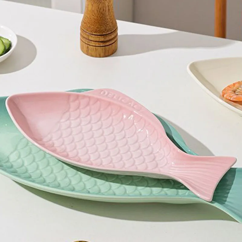 Creative Steamed Fish Shape Plates, Household Kitchen Restaurant Supplies, Ceramic Pink, Green, Fruit Salad Dinner Plate, 1Pc