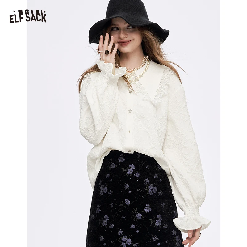 

ELFSACK 2025 Winter New Arrivals Y2K Stretch Lace Lapel Collar Ruffled Cuff Shirt For Women