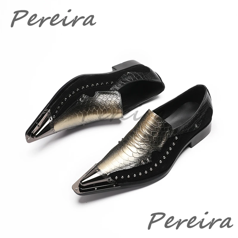 Golden Black Patchwork Cowhide Formal Shoes for Men Trendy Rivet Iron Pointed Toe Business Dress Shoes Party Wedding Shoes
