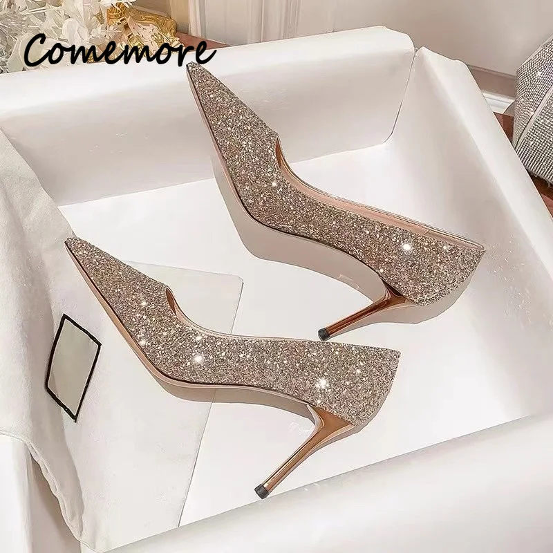 Comemore High Heels Women Wedding Pumps Shoes Heel Bride 2023 Gold Luxury Designer Elegant Party Sandals Dress Dance Sexy Silver