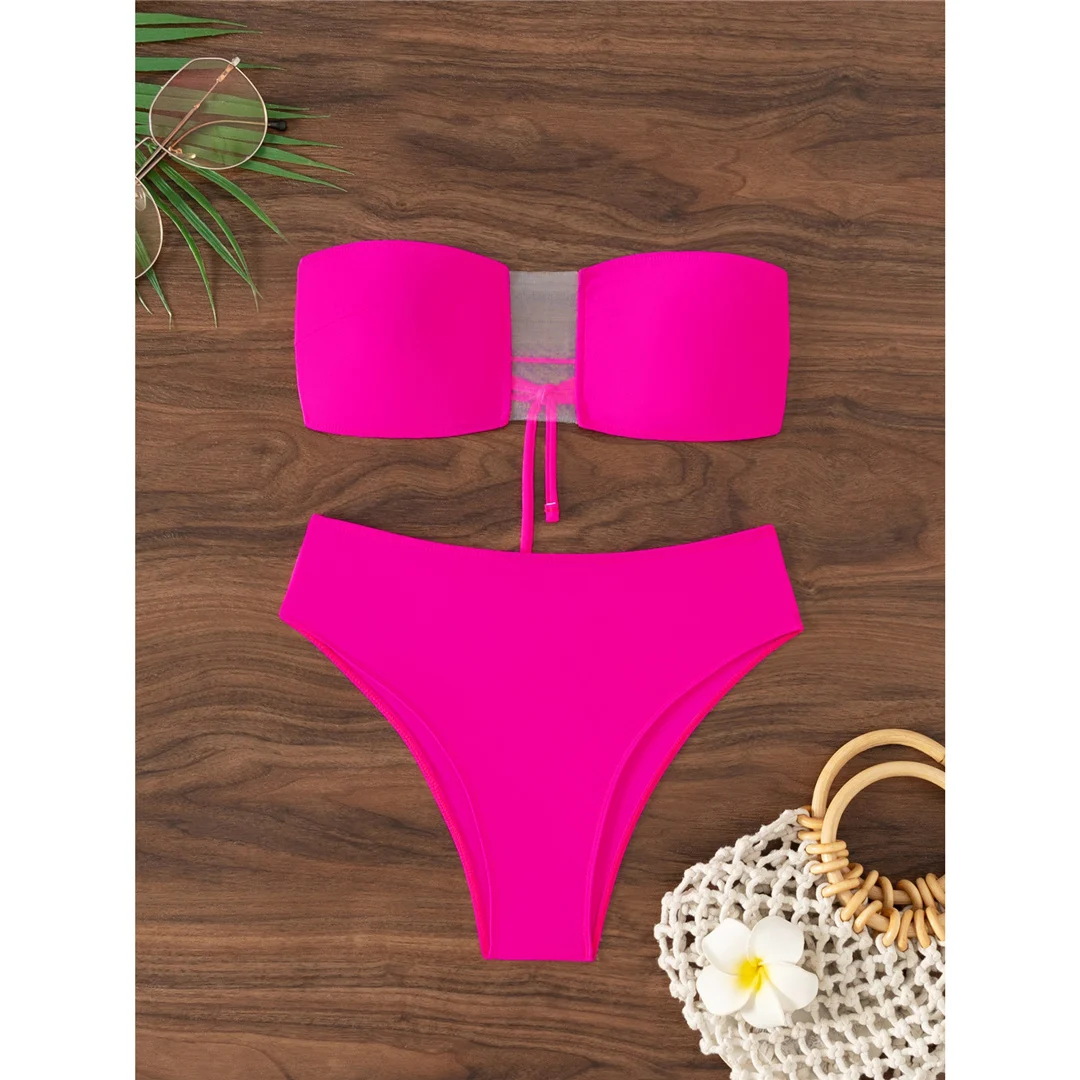 Rosa Sexy Bandeau Mesh Damen-Badeanzug, zweiteiliger Bikini mit hoher Taille, Badebekleidung, Badeanzug, Schwimmanzug V7063 – Detail 5