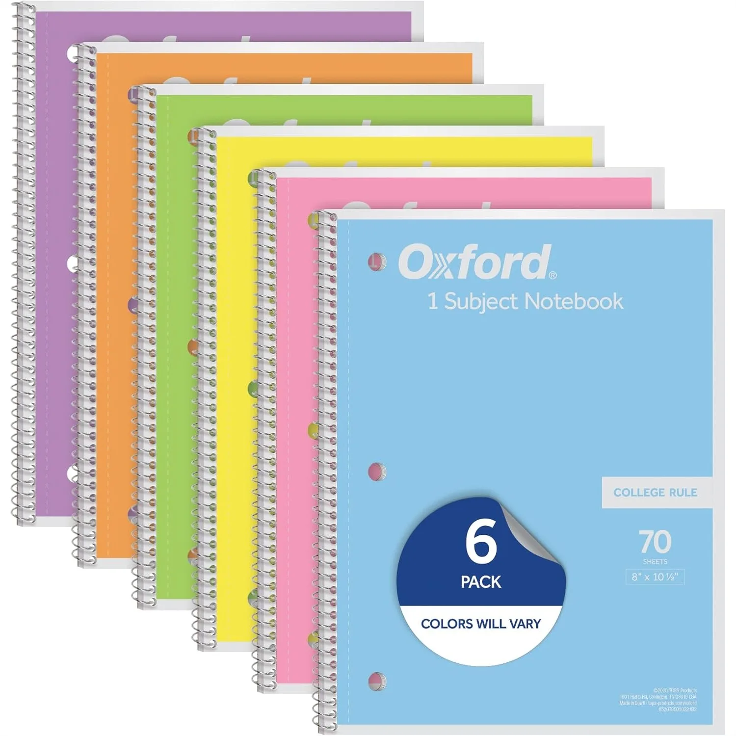 Spiral Notebook 6 Pack, 1 Subject College Ruled 70 Sheets, 8x10.5 Inch Pastel Notebooks for School Supplies