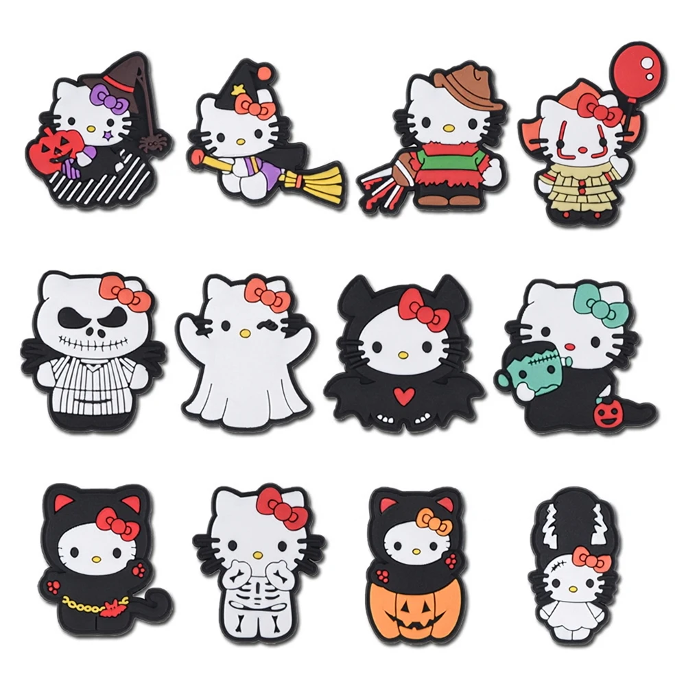 6-12PCS New Cartoon Halloween pumpkin Dark helloKitty Shoe Charm Wholesale PVC Decor Buckle Sandal Detachable Waterproof To Gift
