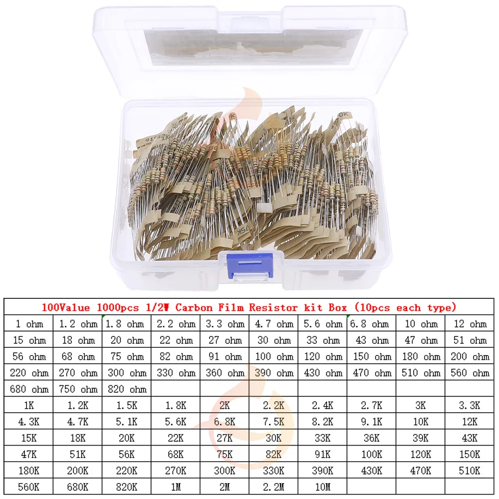 Kit de Resistor de Filme de Carbono Sortido com Caixa, 1/8W, 1/4W, 1/2W, 1W, 2W, 3W, 5W, 5% 0 Ohm, 10m, ohm, 1K, 2K, 5,1 K, 10K, 47K 100K 220K 470K