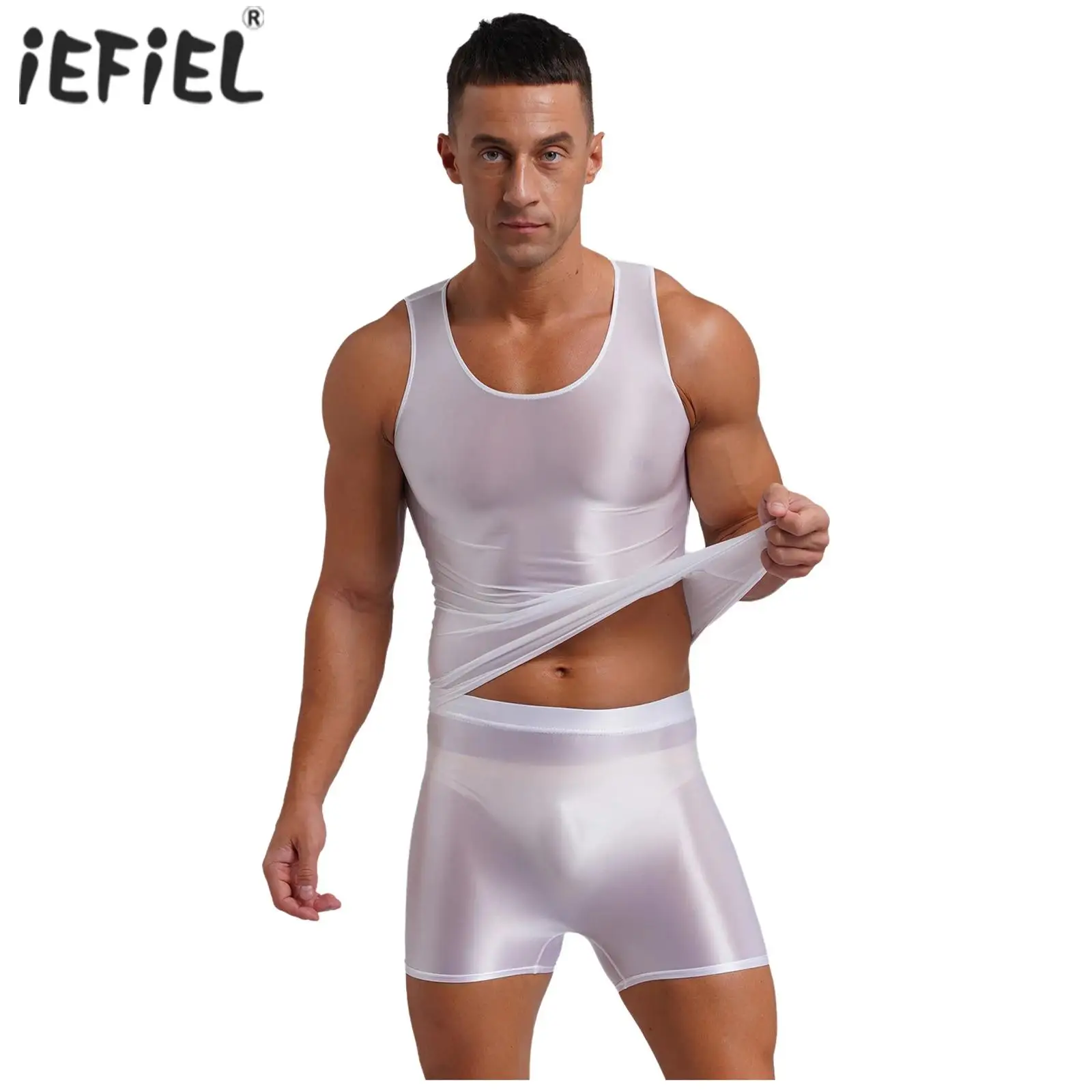 Men‘s Swimsuit Glossy Smooth Two-piece Outfit Yoga Sportswear Fitness Swimwear Sleepwear Crew Neck Tank Top with Shorts Suit