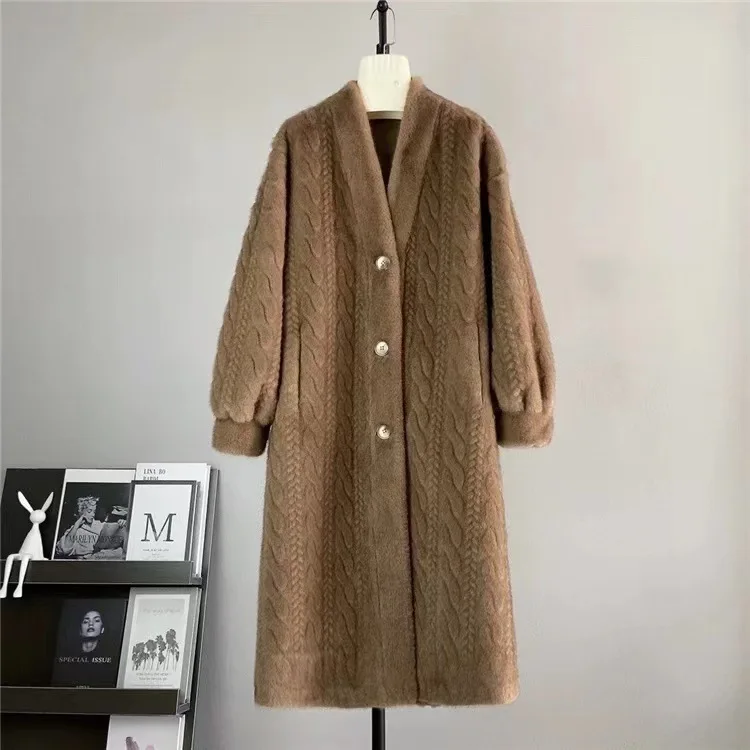 Haining winter thickened mink Fried Dough Twists mink cardigan fur integrated long version environmental protection imitation