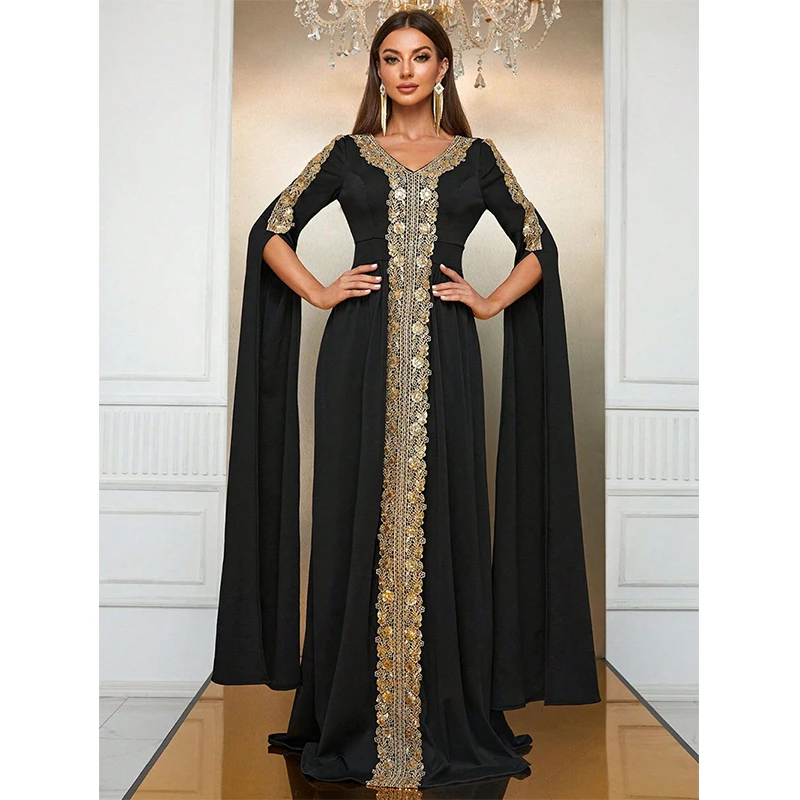 Muslim Abaya Islamic Clothing Women Long sleeve V Neck Black Elegant dubai luxury Turkey Cocktail Prom Evening party Long dress