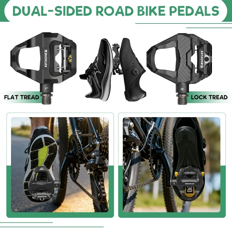 BUCKLOS PD-R685 Road Bike Pedals Carbon Fiber Dual-Function Flat Platform and SPD-SL Clipless Pedals Sealed Bearing 9/16 Inch