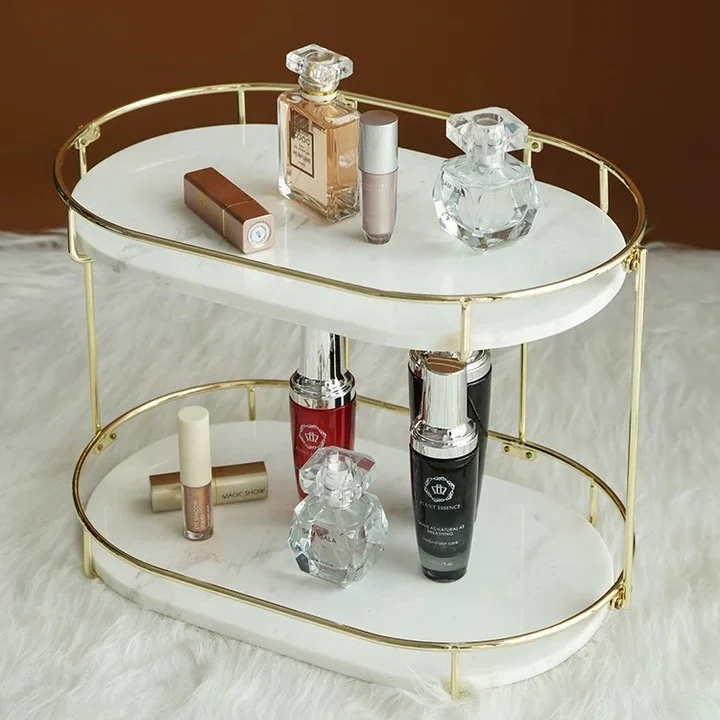 High-end Marble Stainless Steel Skin Care Cosmetics Two Layer Storage Rack And Storage Rack For Living Room Bathroom