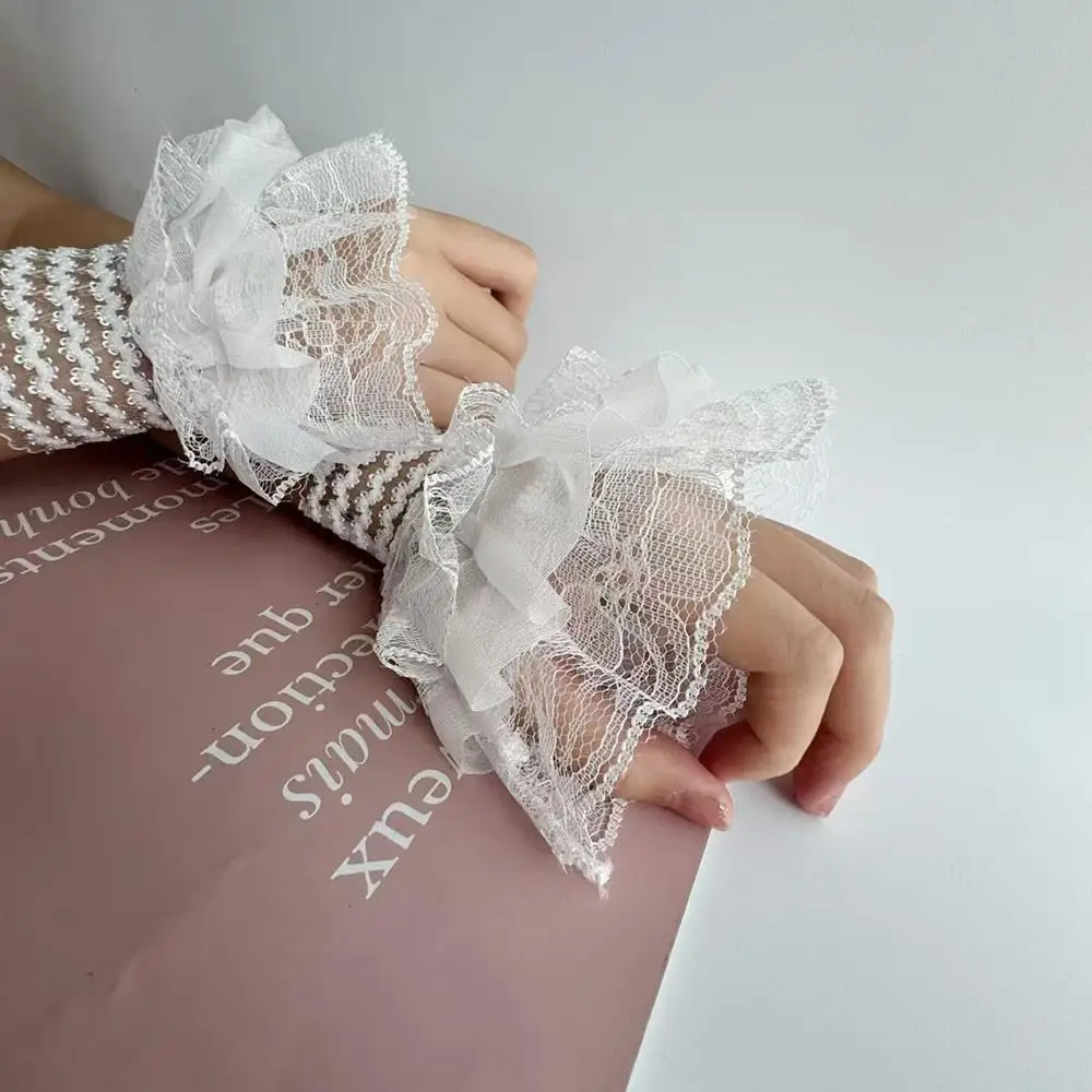 Stretch Wrist Lace Horn Cuffs Detachable Shirt Fake Sleeves Wristband False Cuffs Gothic Lolita Hand Wrist Cuffs LaceTrim Maid