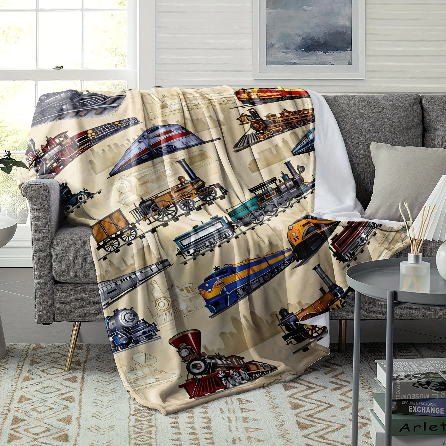 Vintage Train Flannel printed blanket suitable for all seasons suitable for living room office sofa and travel
