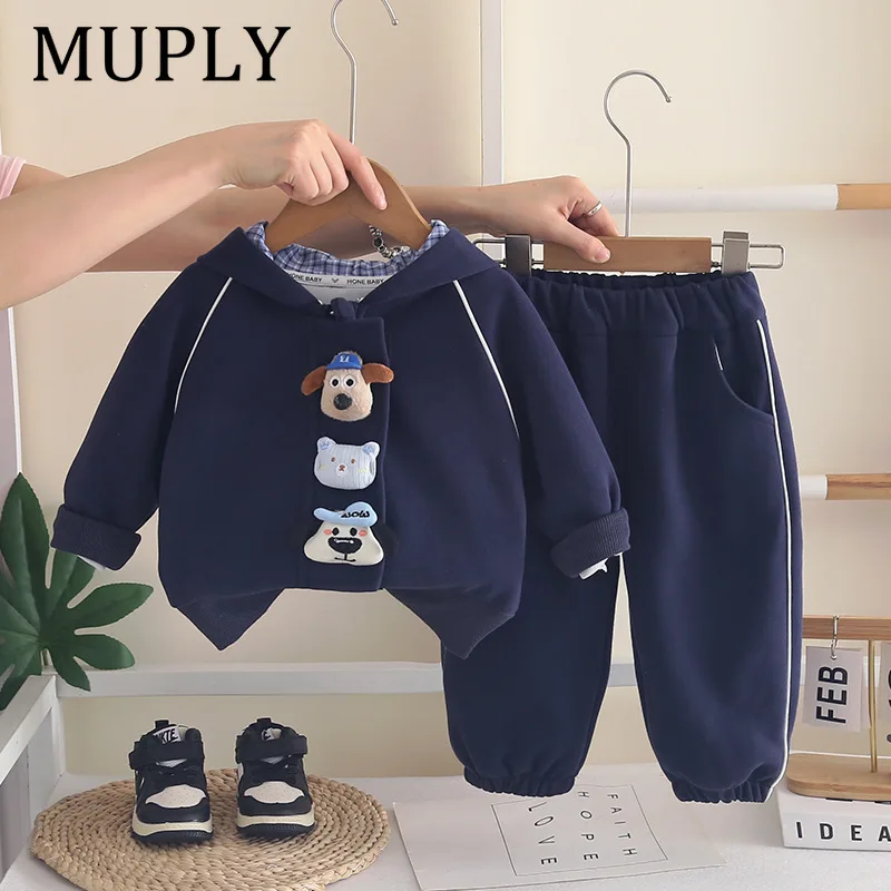 Spring and Autumn Boys Long sleeved Hoodie Set Cartoon Cute Little Bear Letter Printed Versatile Pants Two Piece Set