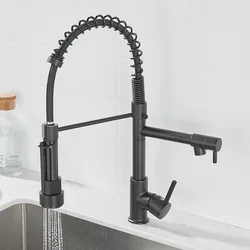 Grifo de cocina con resorte para fregadero de cocina, mezclador de agua caliente y fría, multifuncional, doble salida, negro