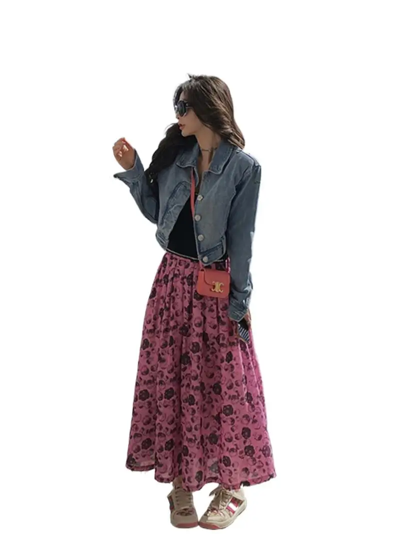 Summer Female Cotton Long Skirts Vintage Rose Print Comfortable Wavy Cut High Street Elastic Waist Ankle-Length Vestidos