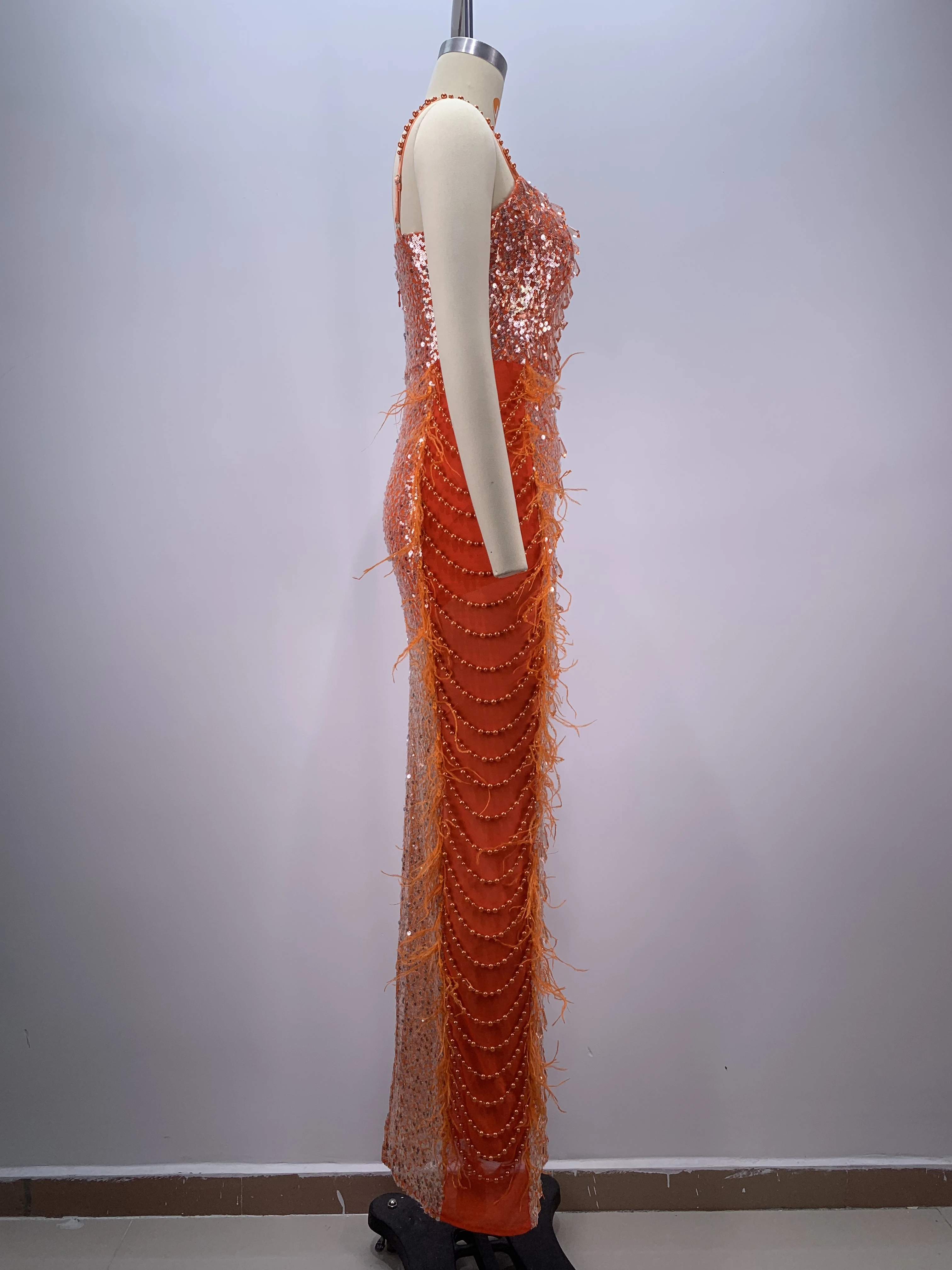 Orange Color Women Sleeveless Sexy Square Collar Feathers Beading Bodycon Long Dress Elegant Evening Party Celebrate Dress