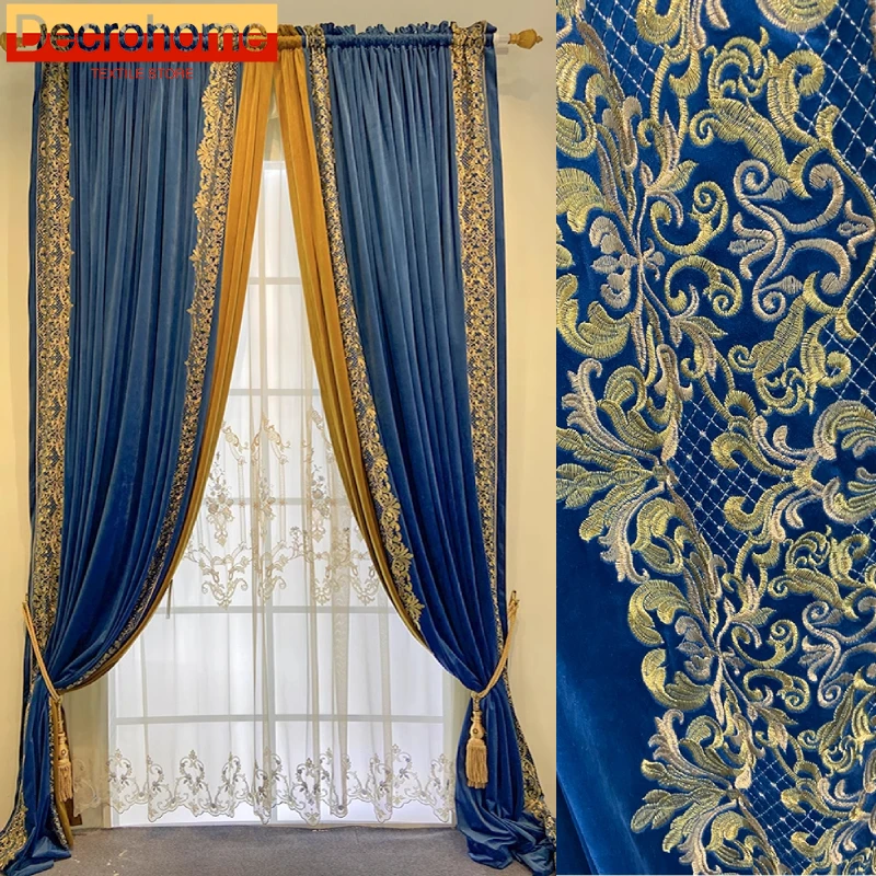 Dark Blue Gold Embroidered Velvet Thickened Curtains for Living Room Bedroom French Window Balcony Embroidered Window Screen