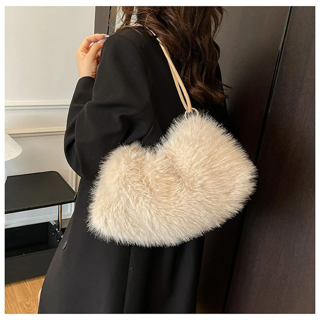 Horizontal Rectangular Bag Large Faux Fur Bag Underarm Bag Furry For Elegant Looks Underarm Carry Shopping