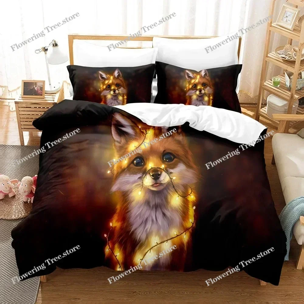 Cartoon Fox Bedding Set Cute Fox with Flower Feather Headband Duvet Cover Twin Full Queen King Polyester Duvet Cover Girls Boys0
