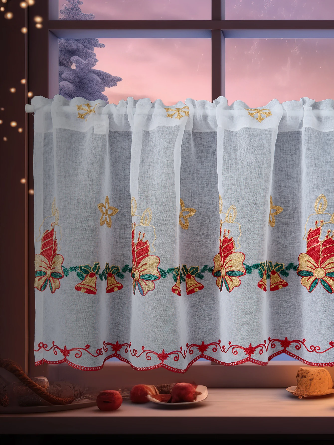 Christmas Bells Embroidered Semi Sheer Curtain Kitchen Tiers Half Window Sheer Curtains Rod Pocket Voile Drapes for Kitchen