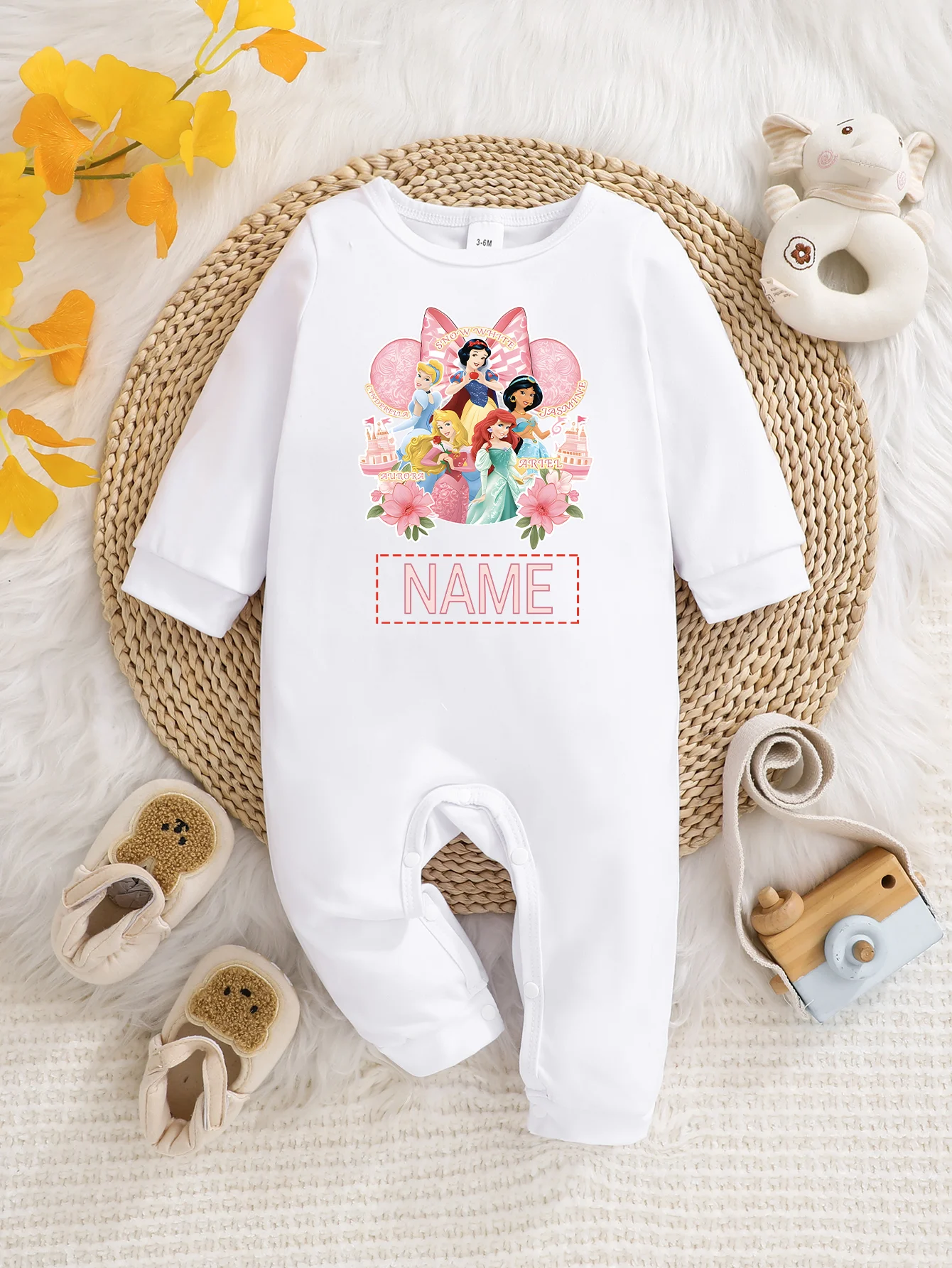 

[Officially Licensed] Disney Snow White Baby Long-Sleeved Onesie, Name Customizable, Soft Fabric for Easy Care