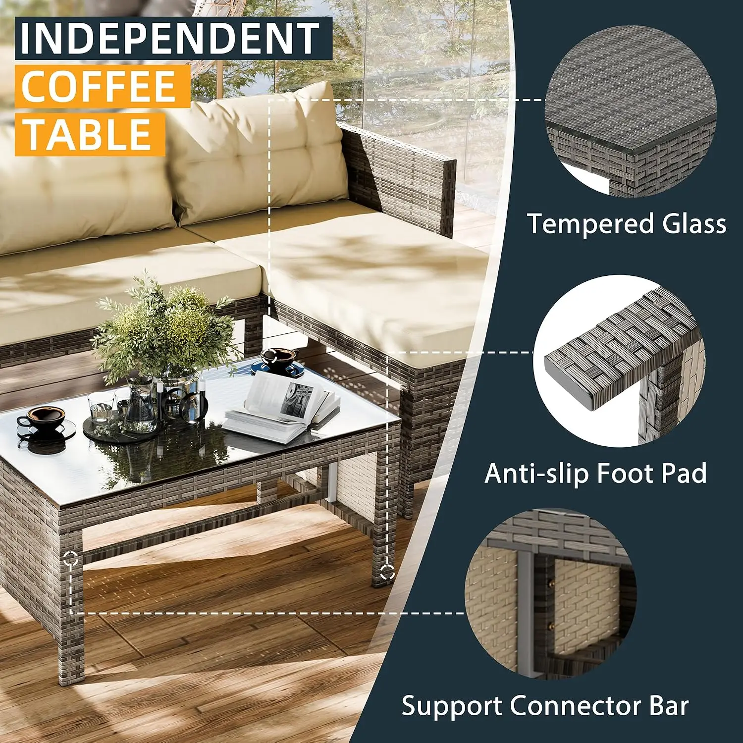 4-Piece Patio Sectional Sofa Set with 45in Propane Fire Pit Table Walnut Top Wind Guard Rain Cover Beige White, Customized