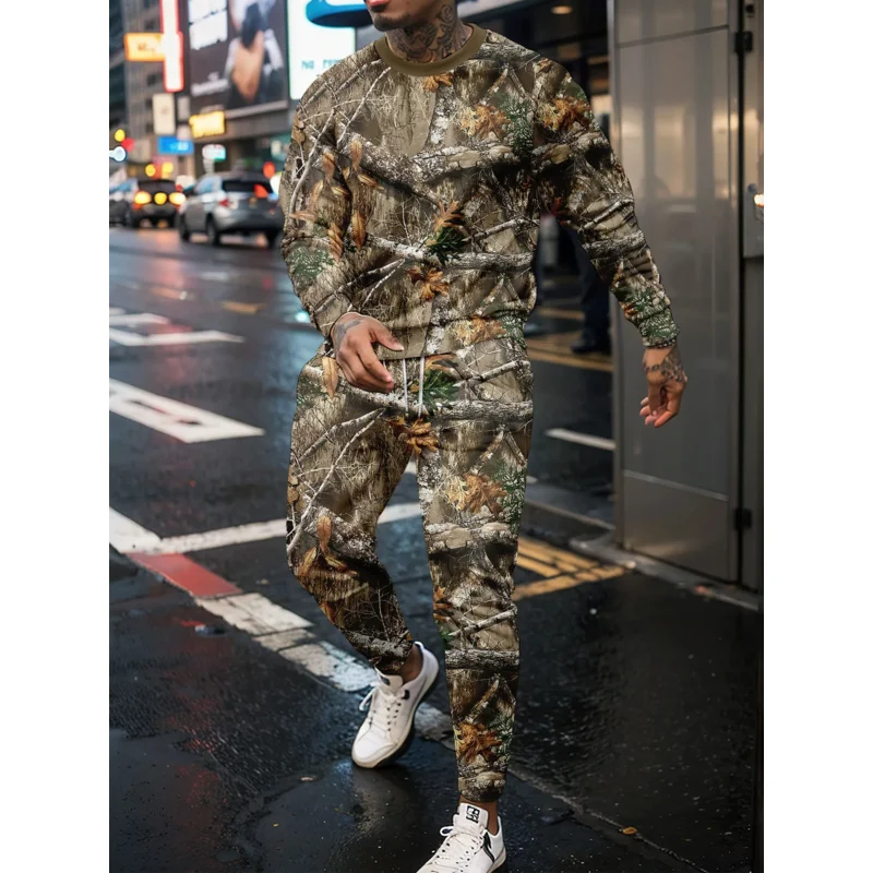 Jungle Camouflage 3D Print Long Sleeve Man 2 Piece Set Streetwear Casual Tracksuit Male Oversized Tops Basketball 2PCS Sets