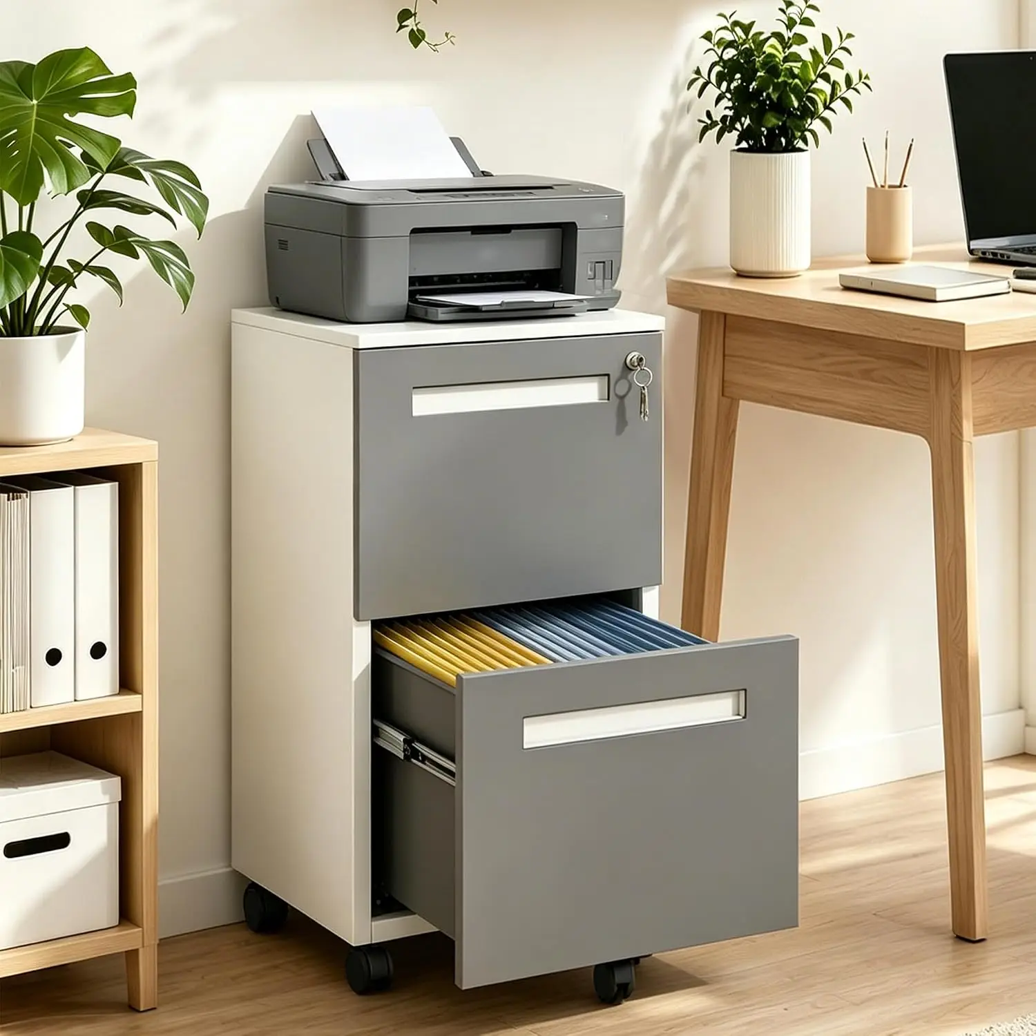 Metal File Cabinet 2 Drawer with Lock, Mobile Under Desk, Fits Letter Legal A4, 18x15x27 Inch Rolling Printer Stand, Customized