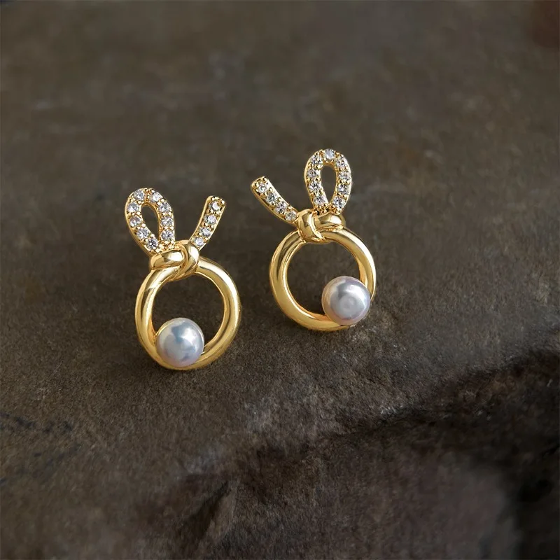 

Freshwater Pearl Knot Earrings Gold Niche Zircon High-End Sweet Women's Studs