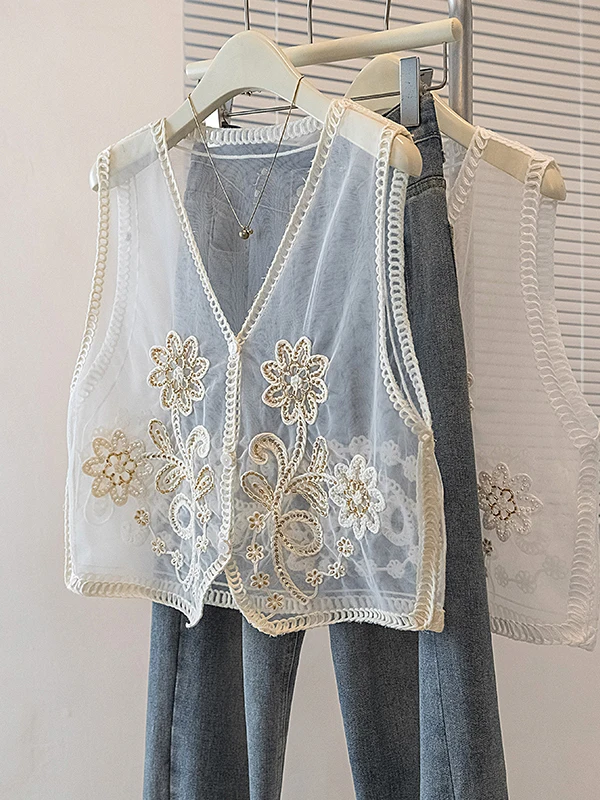 Slimming Embroidered Mesh Hook Flower Design V-Neck Open Cardigan Women's Outerwear Tank Top Summer Fashion Elegant Style